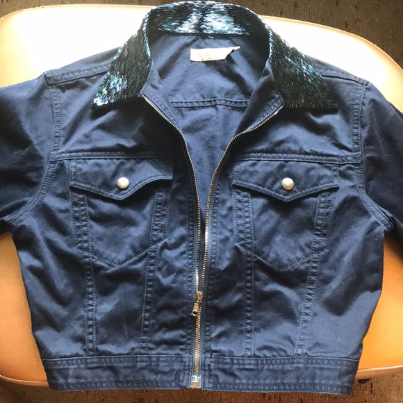 Calvin Klein Navy Cropped Jean Jacket; S. - Picture 1 of 5